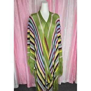 Bohemian Green Striped Knit Poncho Shawl Wrap With Fringe Size Large